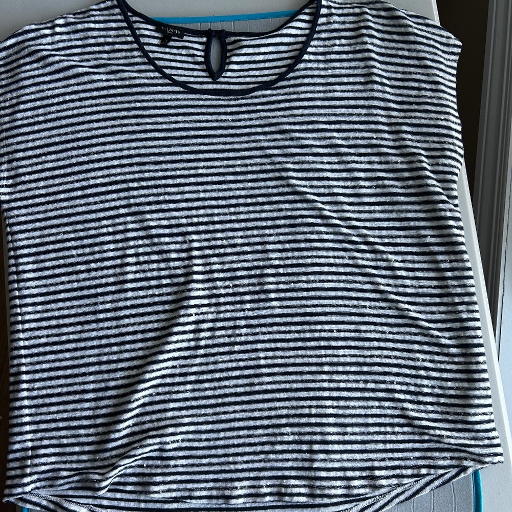 Talbots Black and White Striped Beaded Short Sleeve Tee Linen Blend